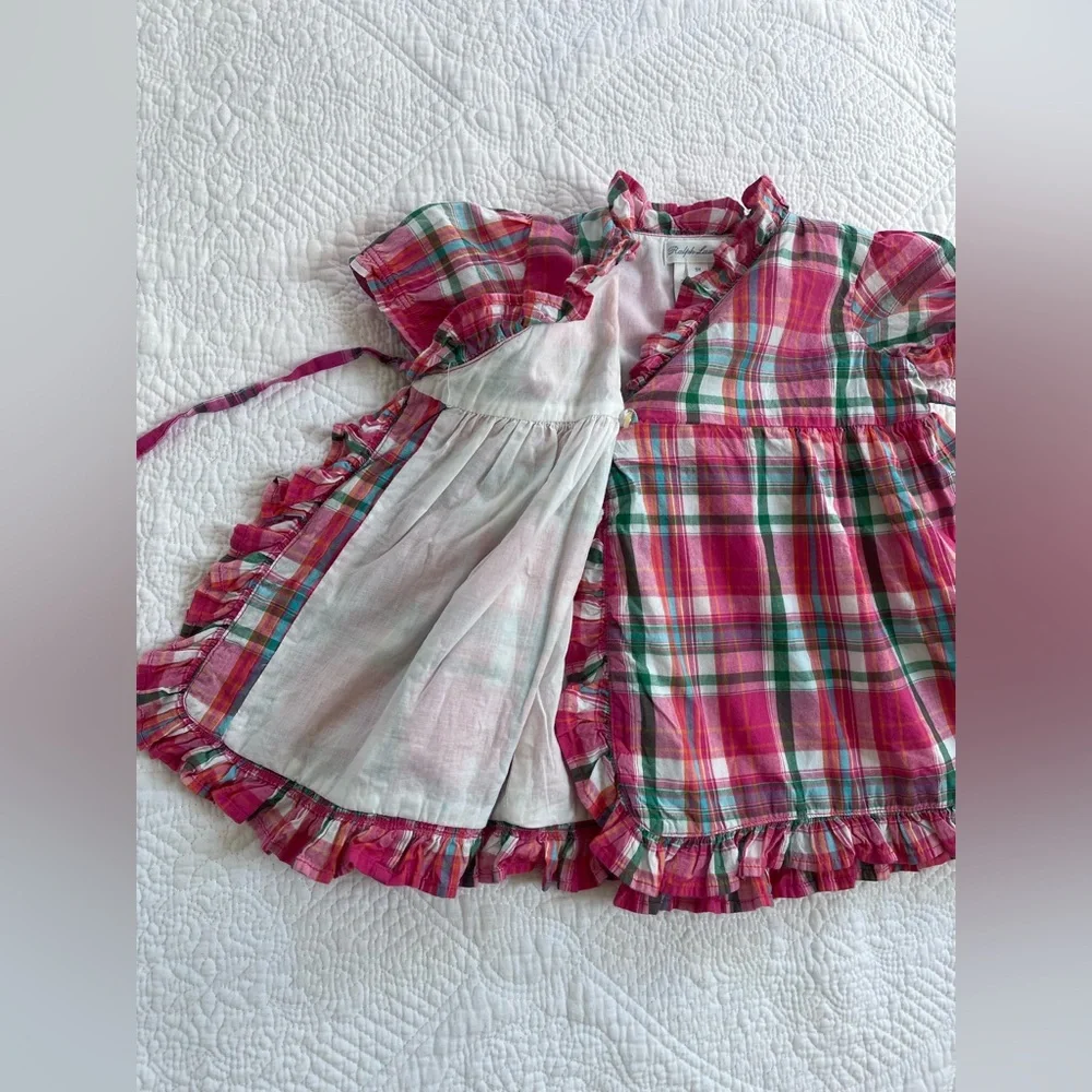 Ralph Lauren Baby Girl Madras Plaid Ruffle Wrap Dress 9 Months Like New infant